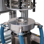 Lab extruder test many formula - see the properties of the film. Lab extruder die head. Blown film - test PE of many formula.